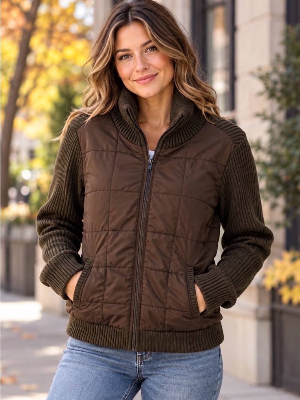 B.U.M. Equipment Brown Quilted Knit Zip Jacket Sweater Medium Y2K